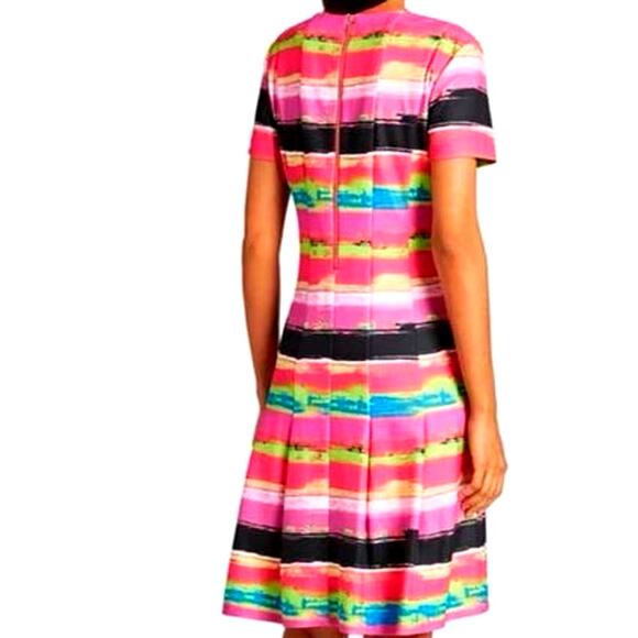 Tahari ASL Hot Pink Striped Scuba Pleated Fit-and-Flare Dress 4 - Picture 3 of 11